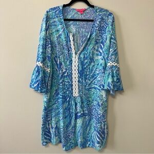 Lilly Pulitzer Blue and White Dress with Crochet Trim Detailing